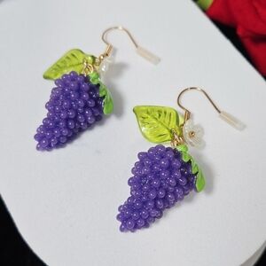 Purple Grape Flower Dangle Earrings Fruitcore Resin Gold Drop Boho Cottage Chic